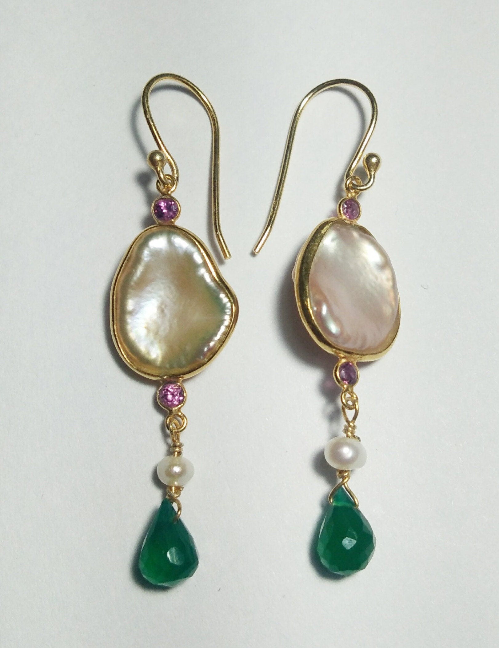Natural Pearl, Garnet, Green Onyx Stone Earring, 925 Sterling Silver With Gold Plated & Delicate Earring, Handmade Earring Wedding Jewelry